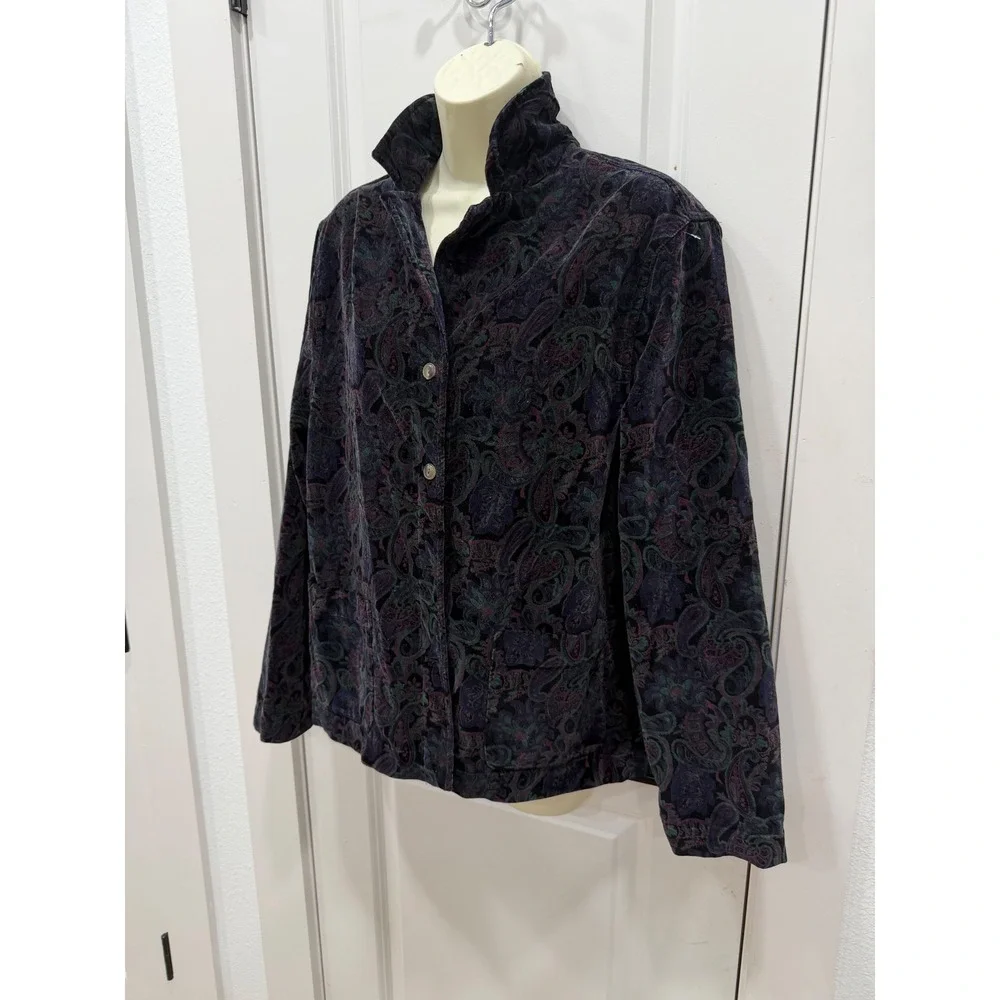 Vintage Paisley Velvet Jacket Women's Button Up Collar Blue Purple‎ Green M